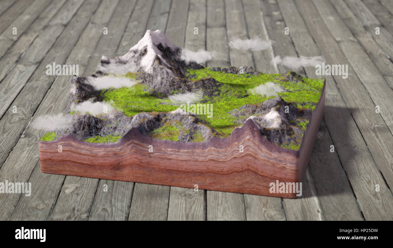 model of cross section of ground with mountains, meadows and clouds (3d illustration) Stock Photo