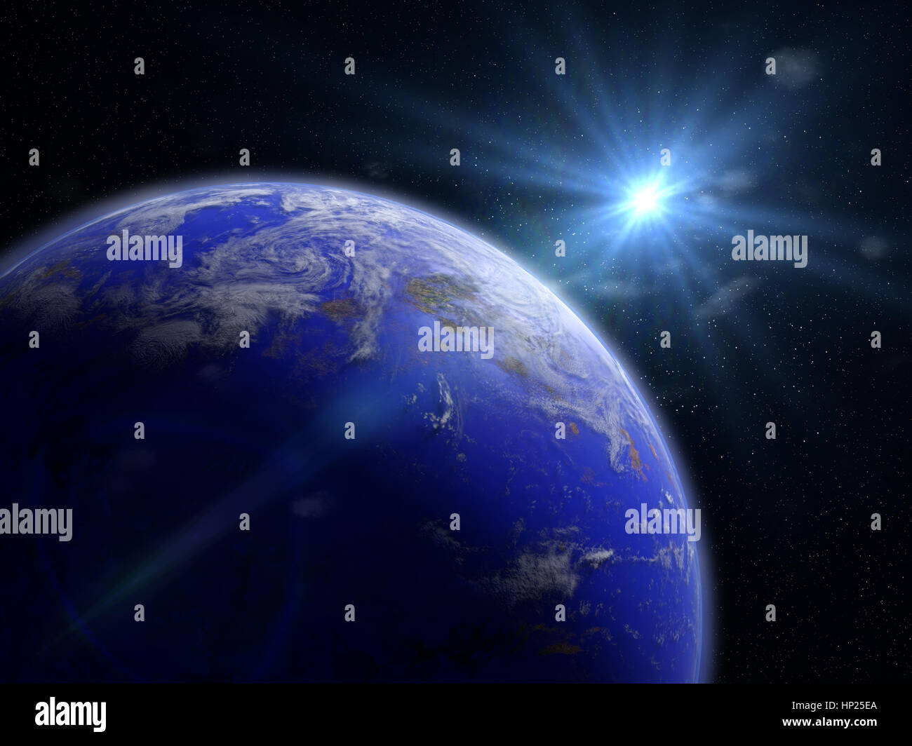 beautiful exotic blue water exoplanet lit by a bright star (3d ...