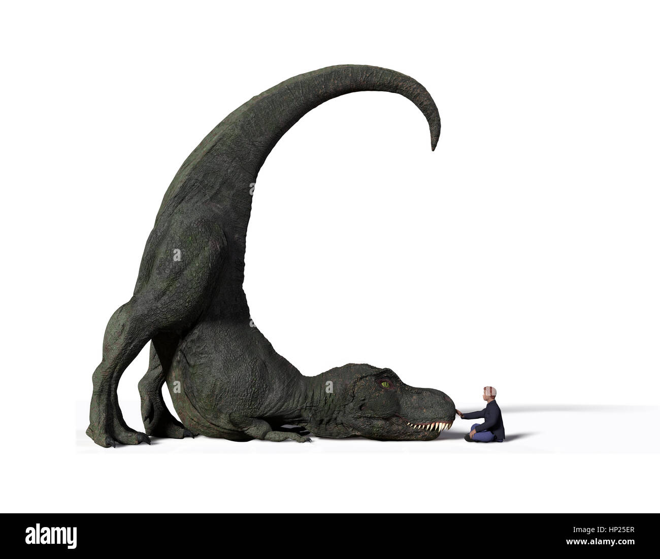 comparison of the size of an adult Tyrannosaurus rex dinosaur from the Jurassic period and a 1.8m human (Homo sapiens), 3d illustration Stock Photo