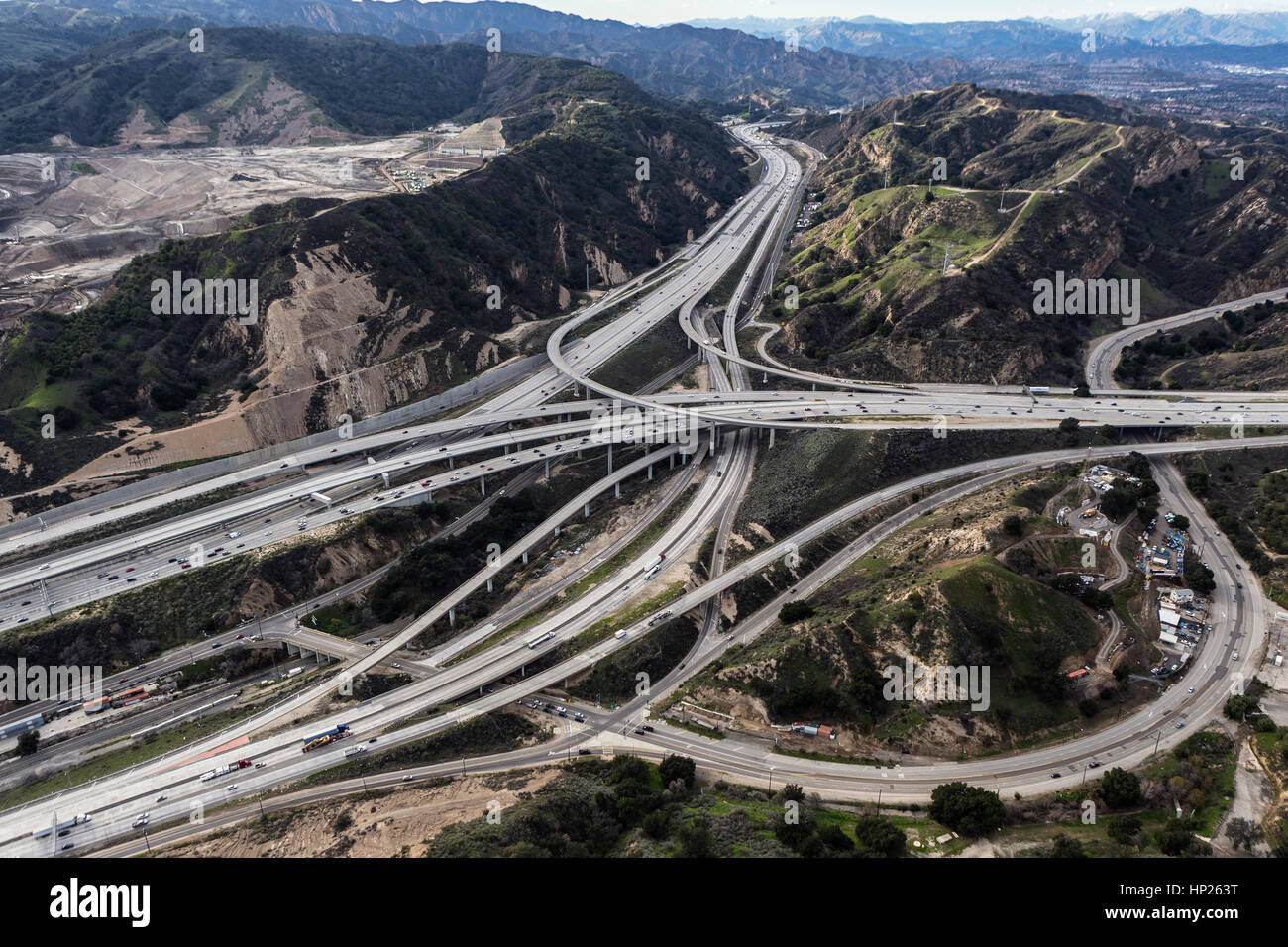 Aerial view of the Golden State 5 and Antelope Valley 14 freeway interchange in the Newhall Pass in Los Angeles County, California. Stock Photo