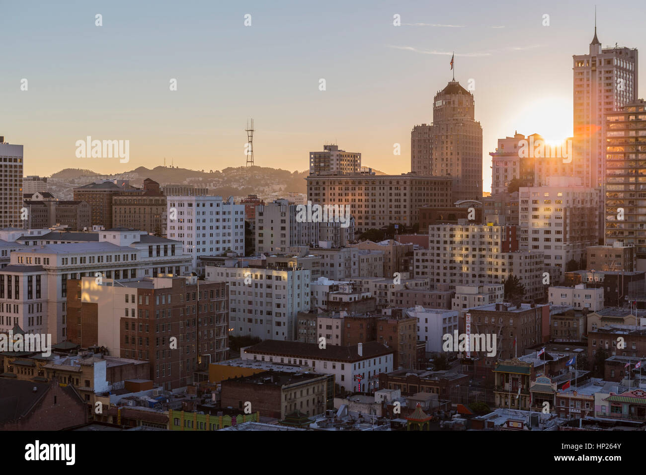 San Francisco, California, USA - January 13, 2013:  Sun setting behind Nob Hill near downtown San Francisco. Stock Photo