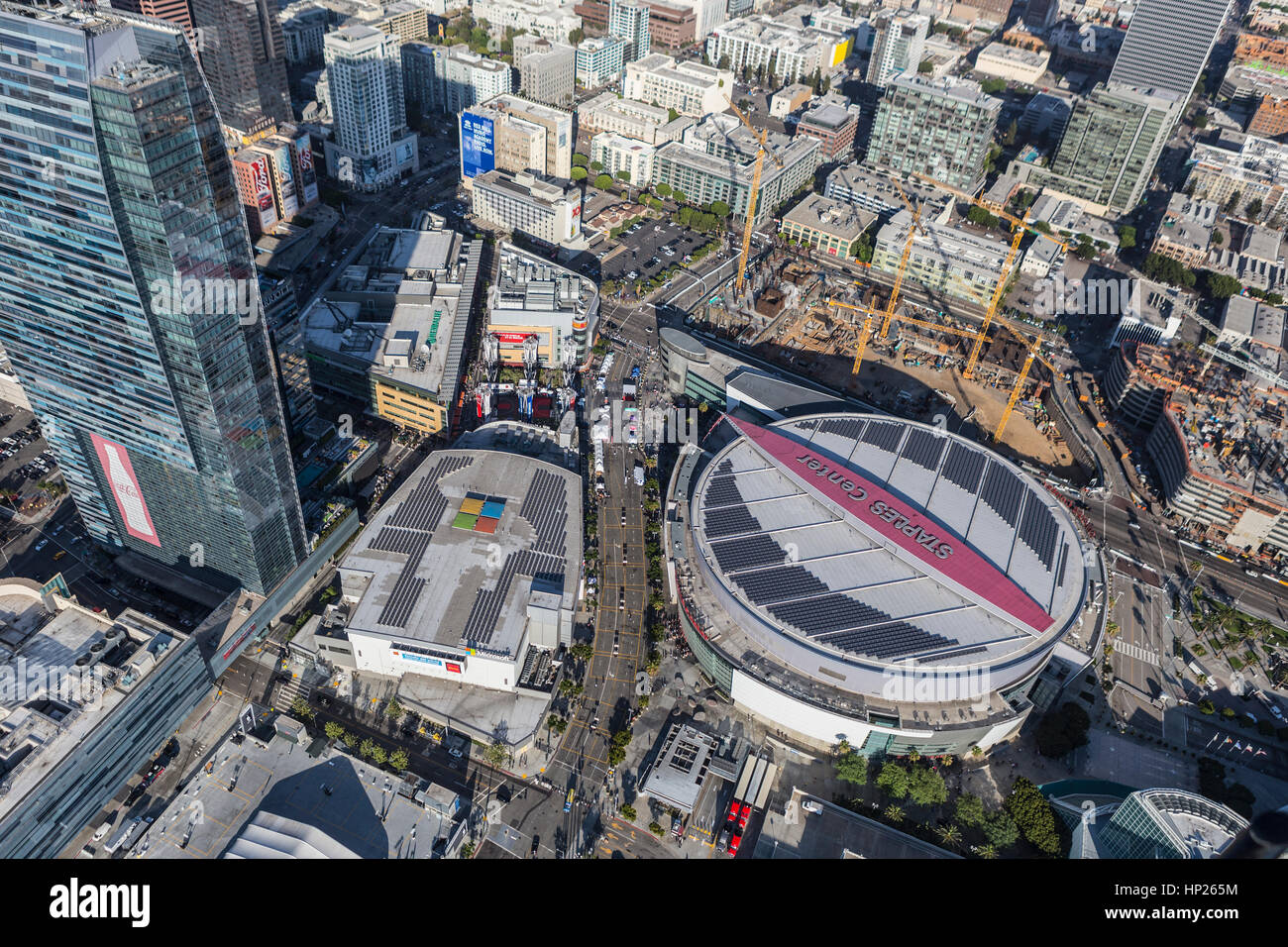 Los Angeles, California, USA - August 6, 2016:  Aerial view of Staples Center, LA Live and nearby construction. Stock Photo