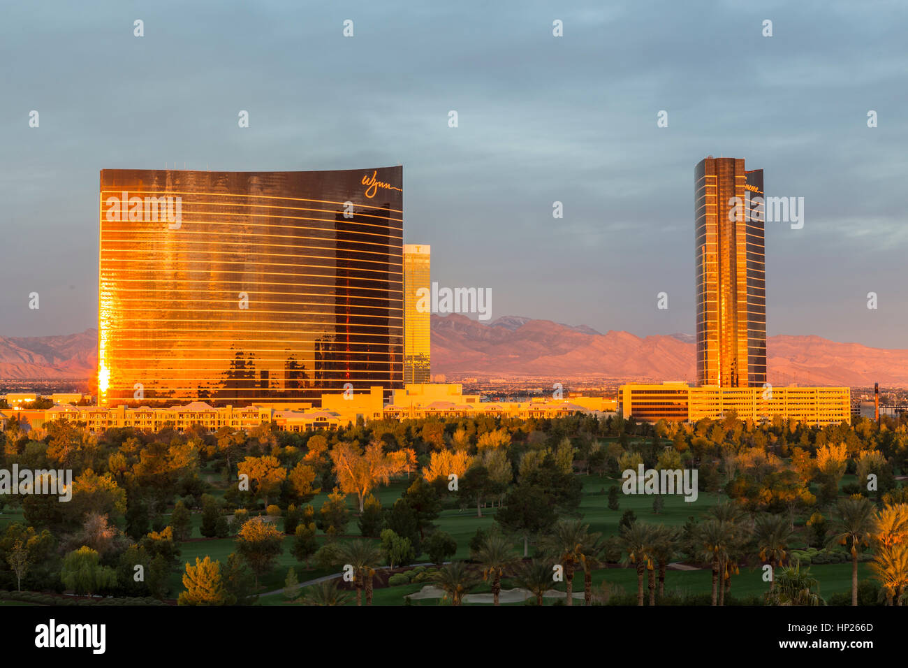 Editorial view of the popular Wynn casino resort hotel towers in warm sunrise light. Stock Photo