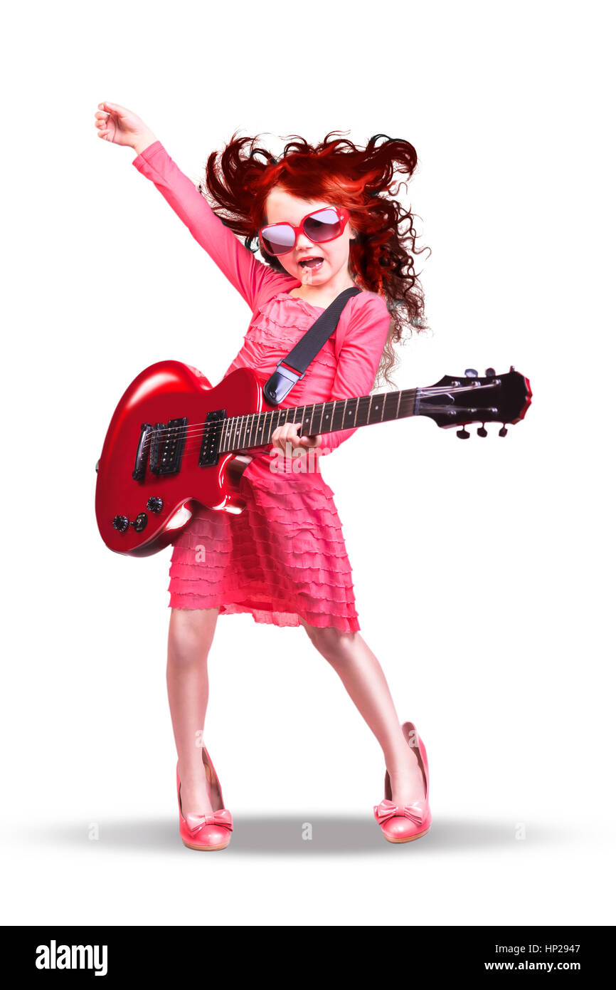 portrait of young girl with a guitar on the stage Stock Photo