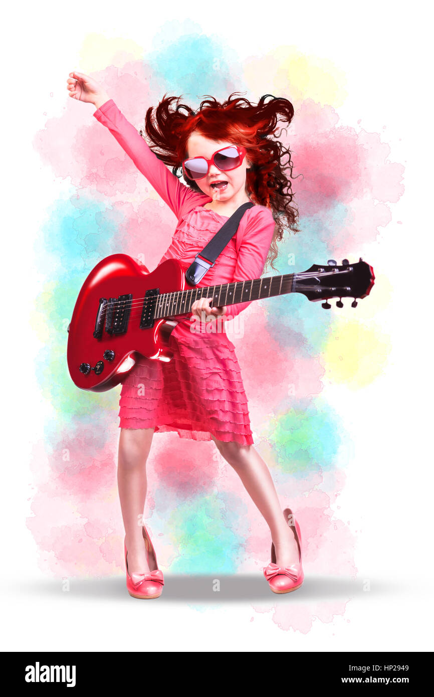 portrait of young girl with a guitar on the stage Stock Photo