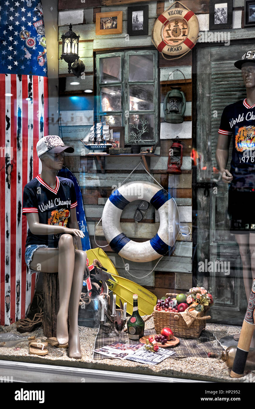 Shop window display of casual clothing items based around a  nautical theme Stock Photo
