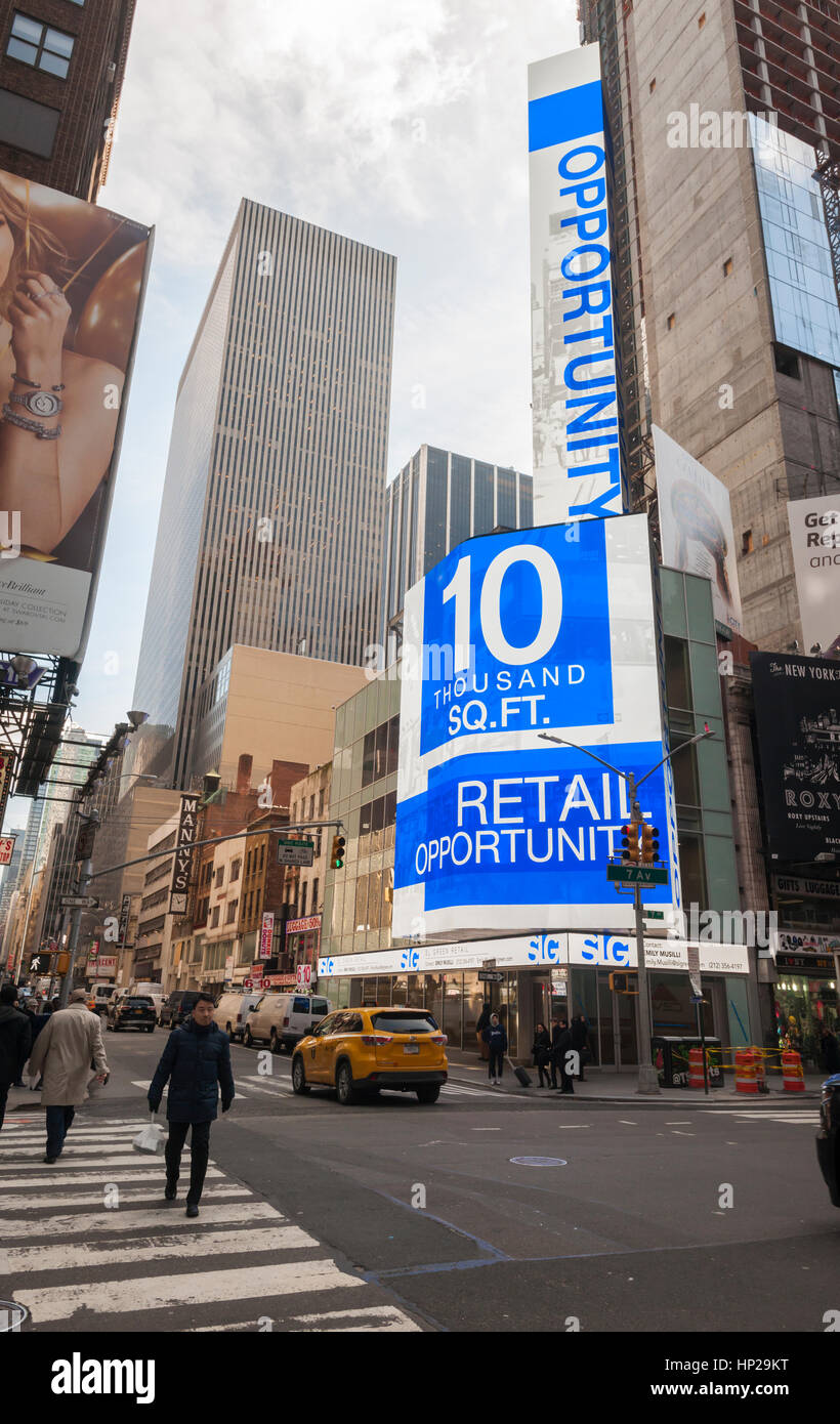 A digital display on Seventh Avenue in Times Square advertises the retail opportunities in a new project that await lease signers on Thursday, February 16, 2017. (© Richard B. Levine) Stock Photo