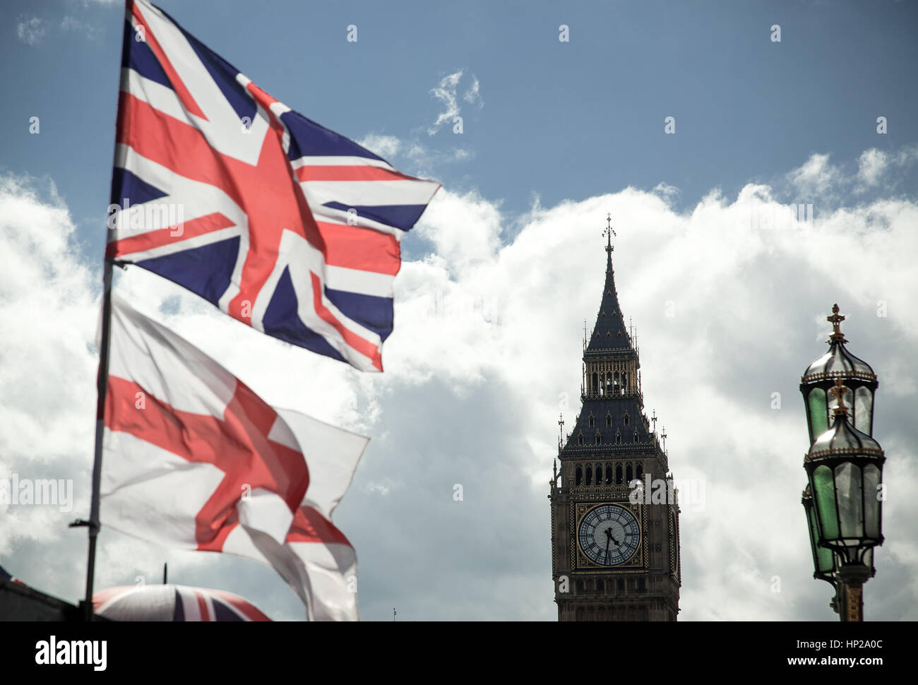 Closeup of Union Jack flag. UK Flag. British Union Jack flag blowing in the wind. Stock Photo