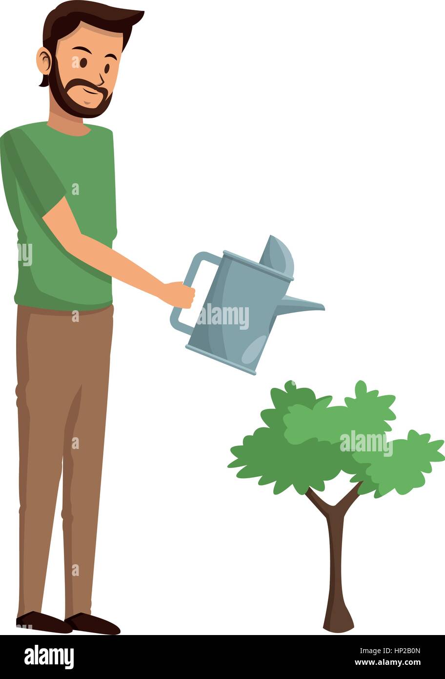 gardener man holding a watering can over white background. colorful ...