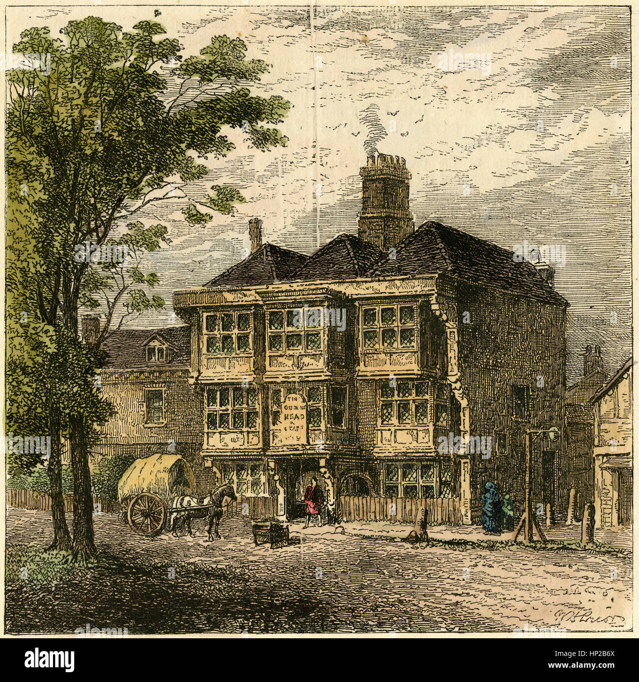 Antique c1880 engraving, The Old Queen's Head Tavern. The Queen's Head Tavern was located on Fleet Street to the east of the Temple Bar in London, England. SOURCE: ORIGINAL HAND-COLORED ENGRAVING. Stock Photo