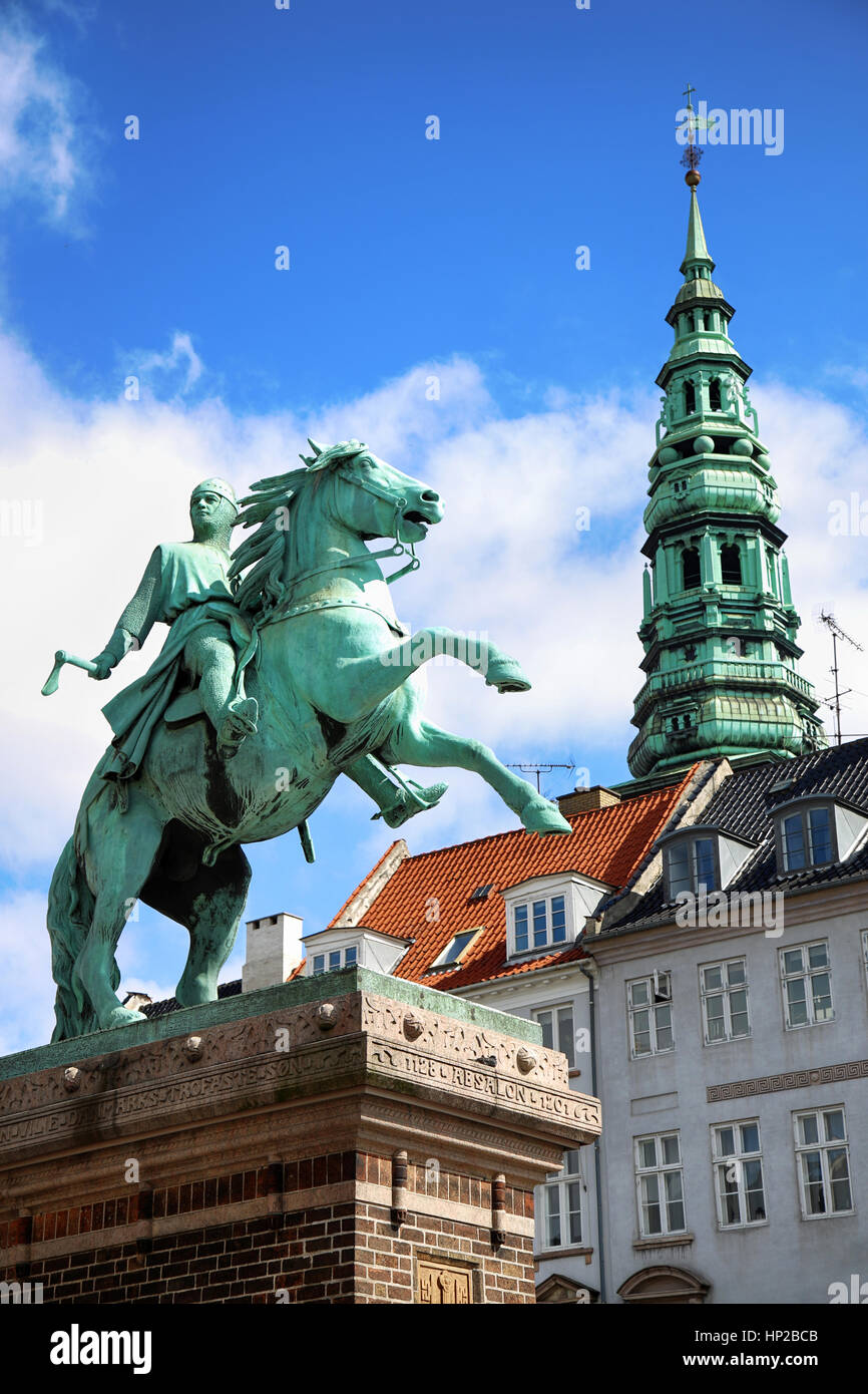 Hojbro Plads Square with the equestrian statue of Bishop Absalon and St Kunsthallen Nikolaj church in Copenhagen, Denmark Stock Photo