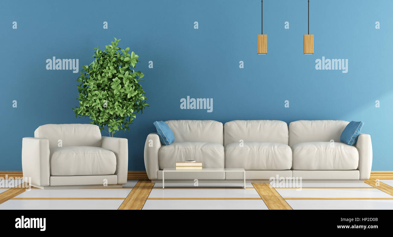 Modern living room with white sofa and blue wall - 3d rendering Stock Photo