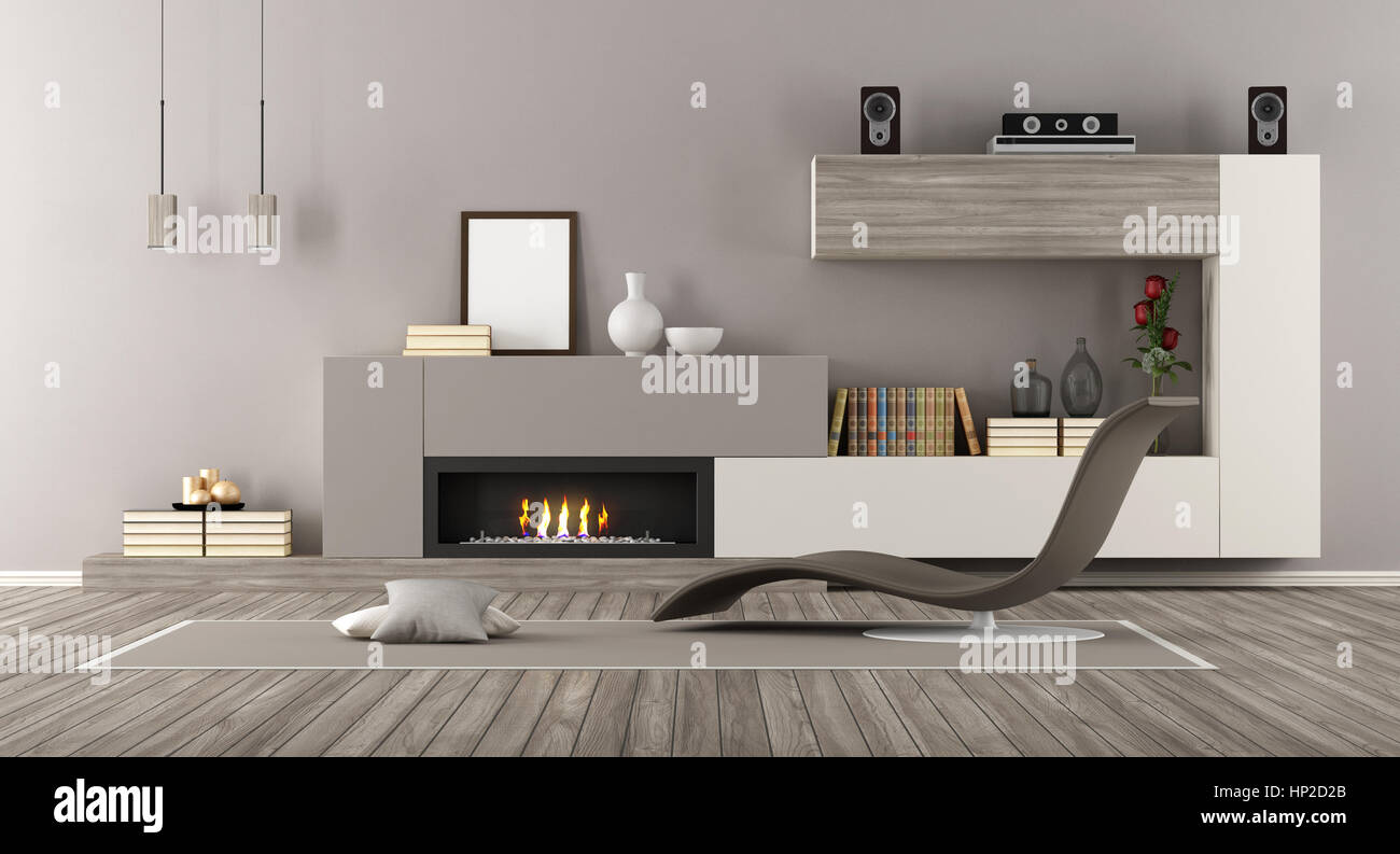 Modern Living room with fireplace and chaise lounge 3d rendering