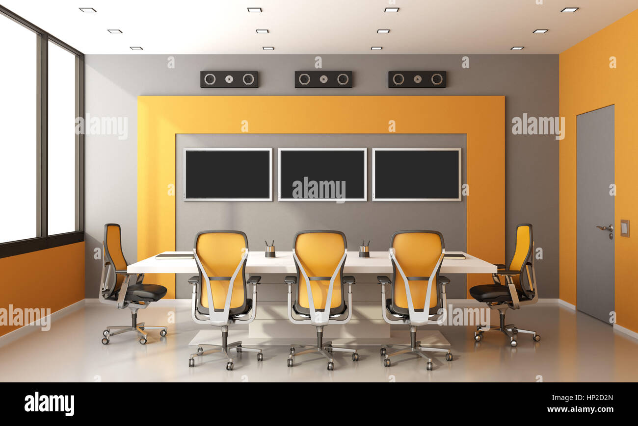 Gray And Orange Modern Boardroom With Meeting Table Office Chairs And Stock Photo Alamy