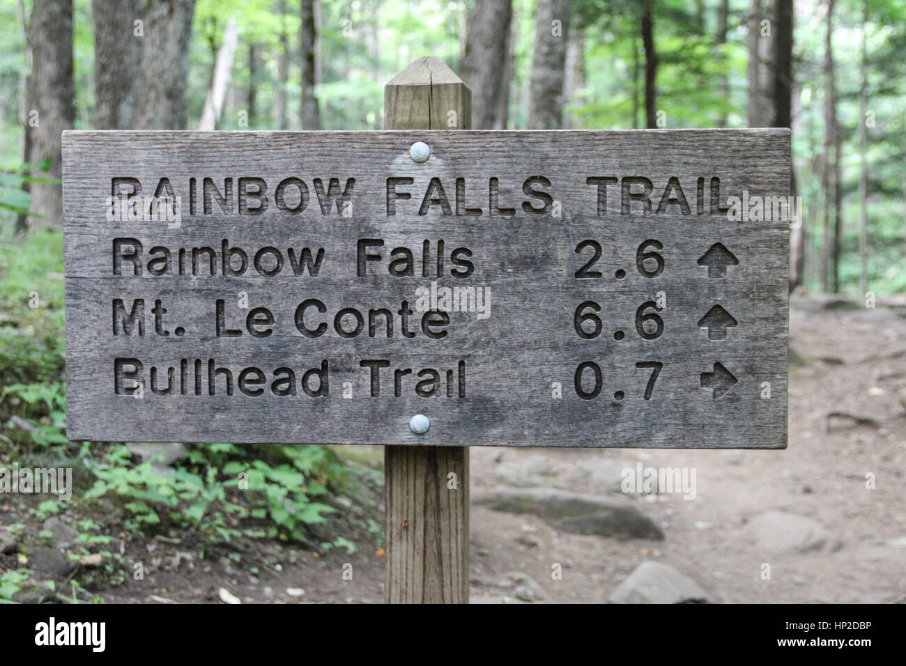 Rainbow Falls Trail sign in Smoky Mountains National Park Stock Photo
