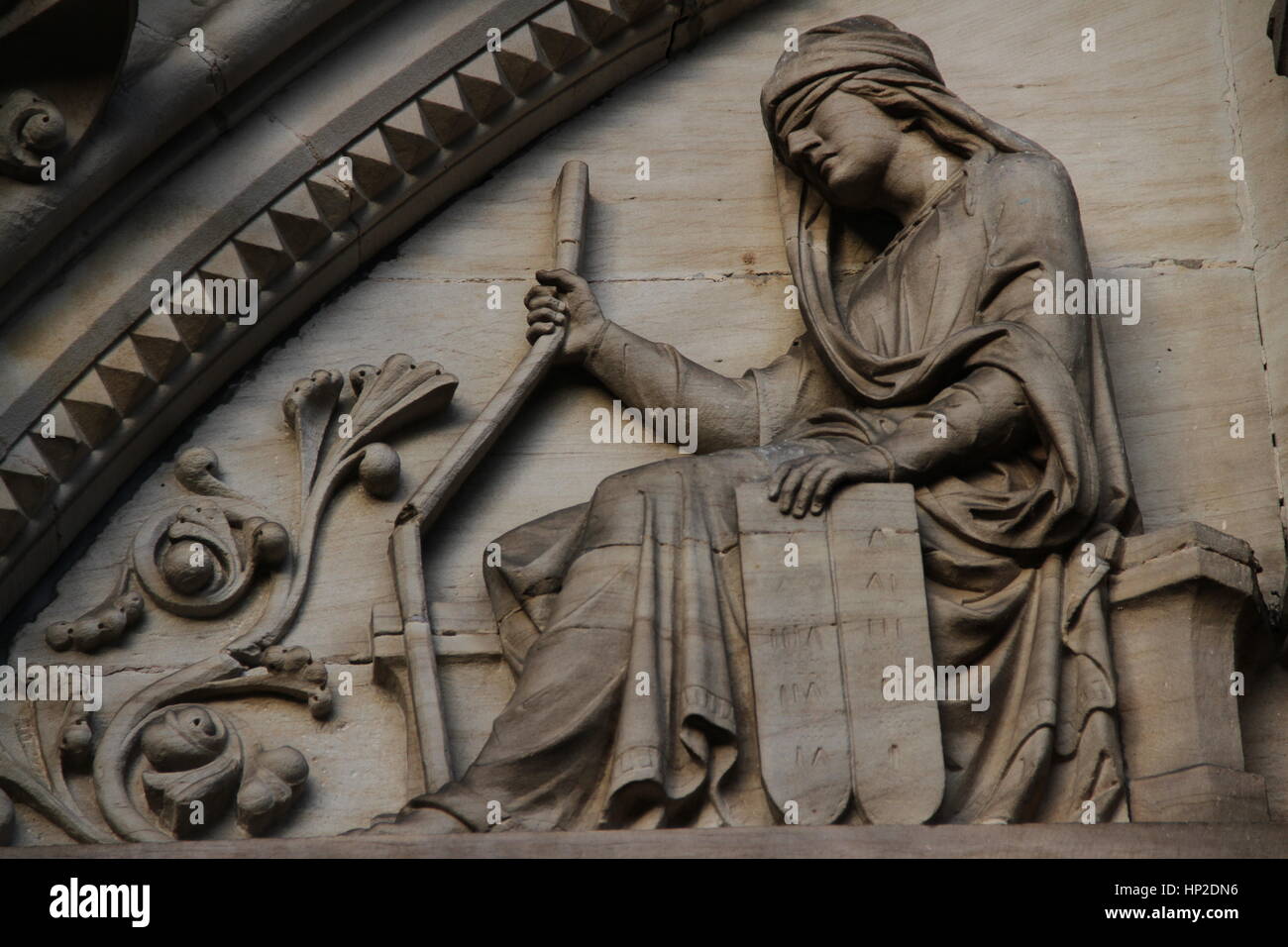 St Wilfred's RC Church, York. Detail from the arch over the main door. Synagoga, personification of the Jewish religion. Stock Photo