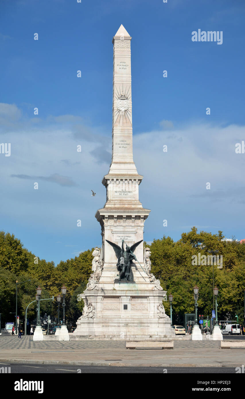 Monument to the Restorers, erected in 1886 in the center of Lisbon to celebrate the independence of Portugal from in Spain in the Restoration War (17t Stock Photo