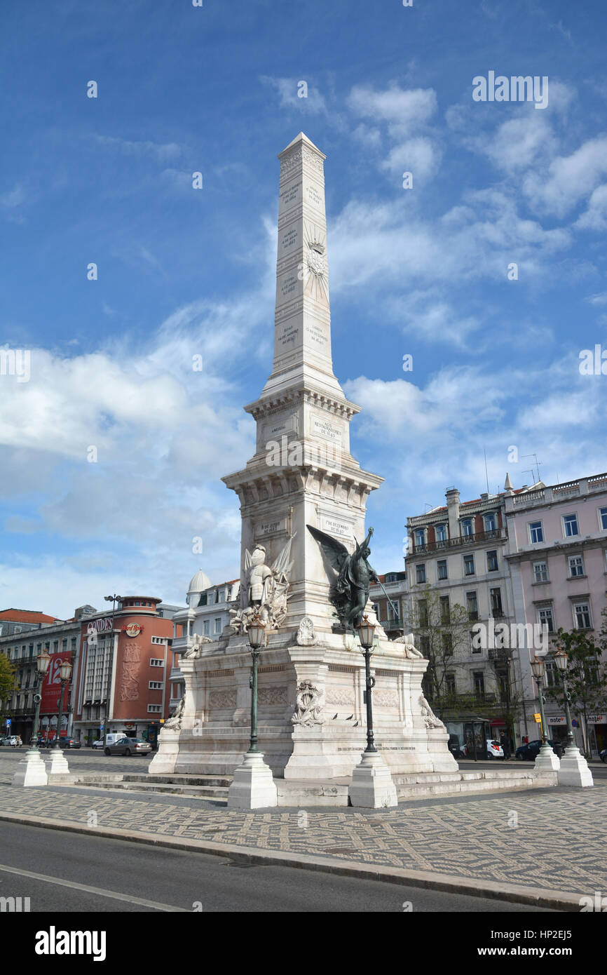 Monument to the Restorers, erected in 1886 in the center of Lisbon to celebrate the independence of Portugal from in Spain in the Restoration War (17t Stock Photo