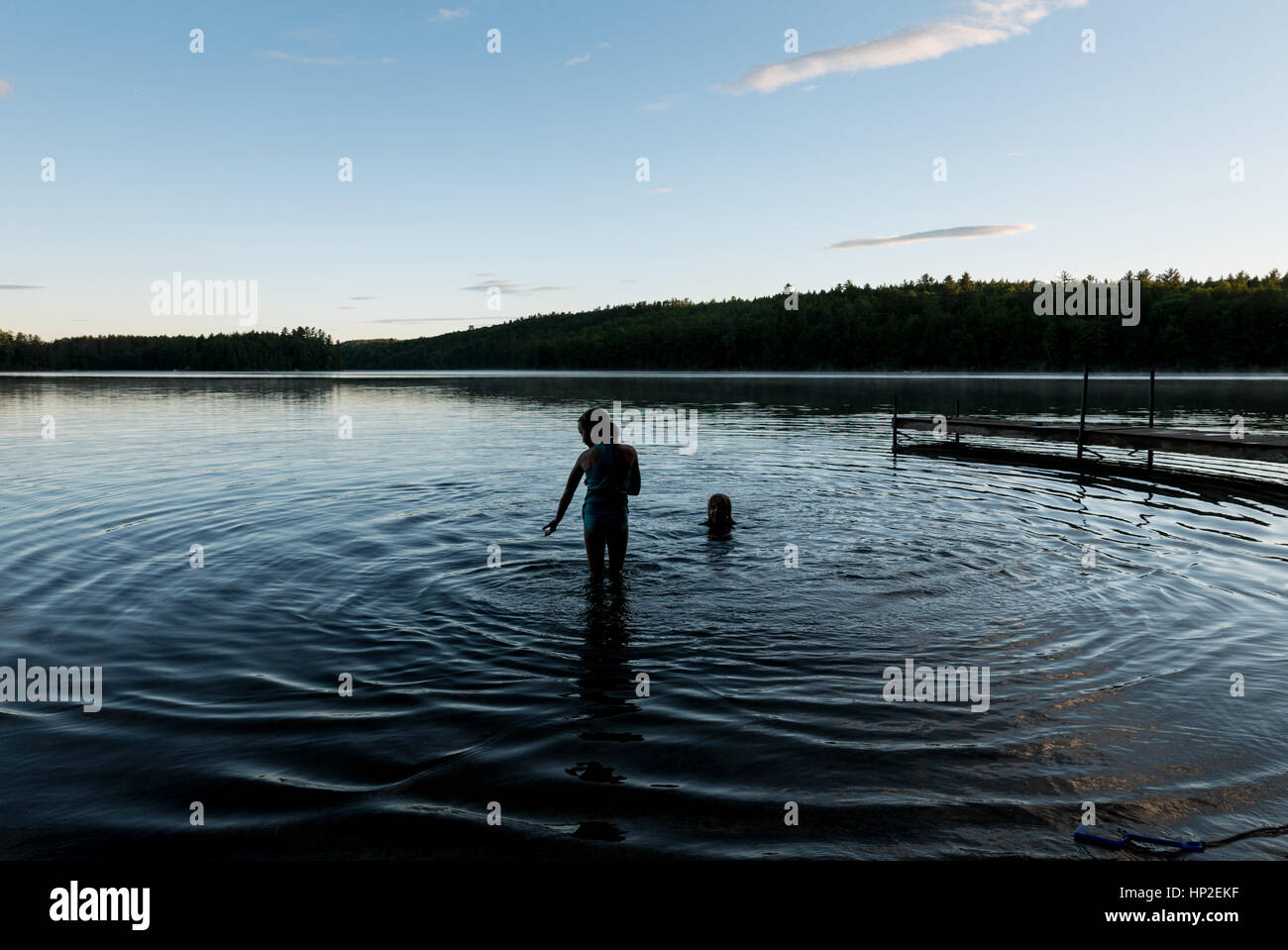 Children swimming, Fishing and Kayaking on Flying Pond, Mount Vernon, Maine, USA Stock Photo Alamy