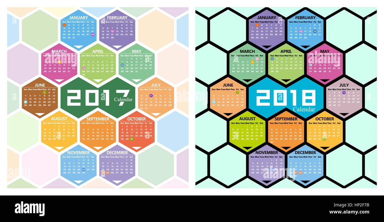 Vector 2017,2018 calendar with honeycomb shape background Stock Vector