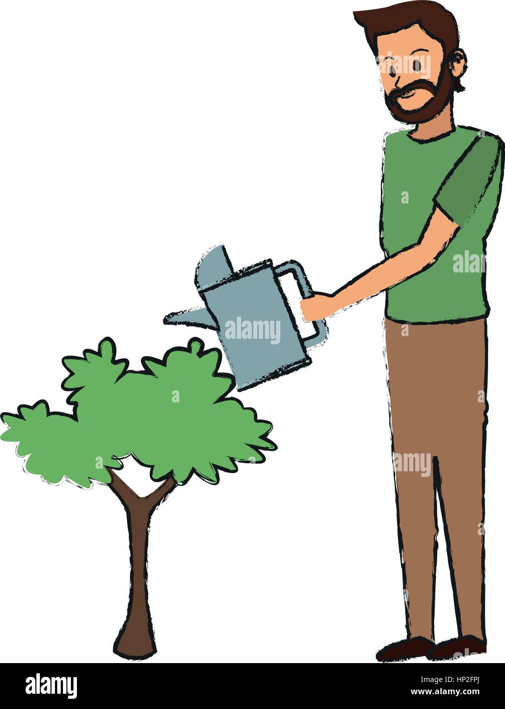 gardener man holding a watering can over white background. colorful ...