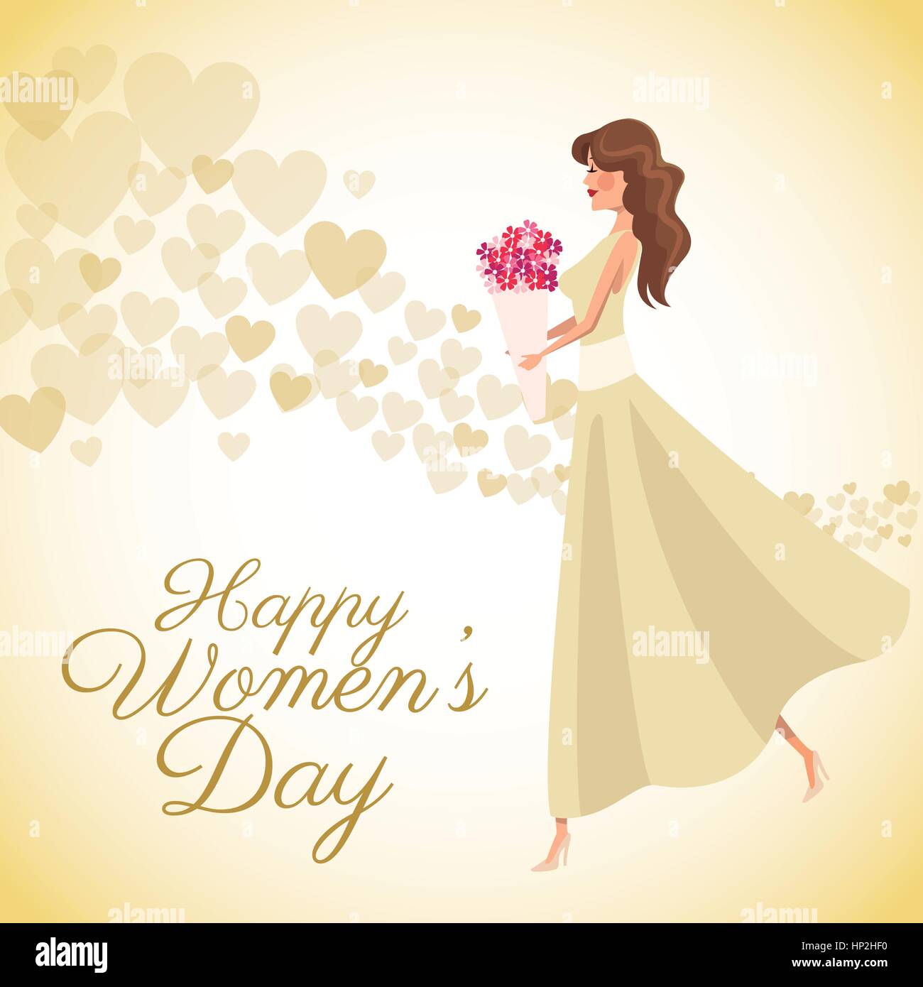 happy womens day card girl bouquet flowers heart background Stock ...