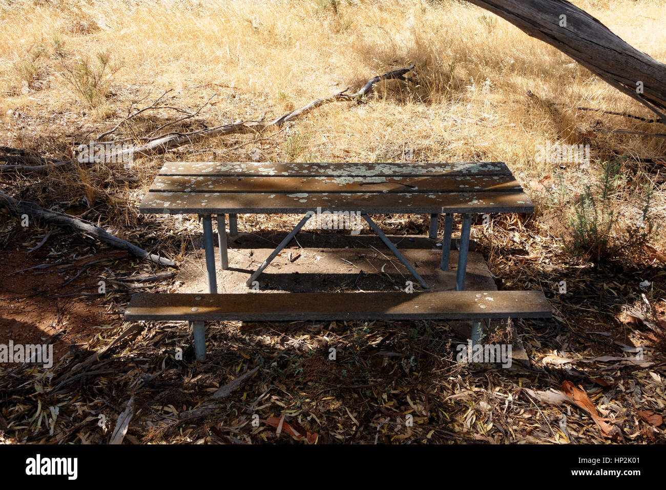 Old wood picnic table in country, Western Australia Stock Photo Alamy