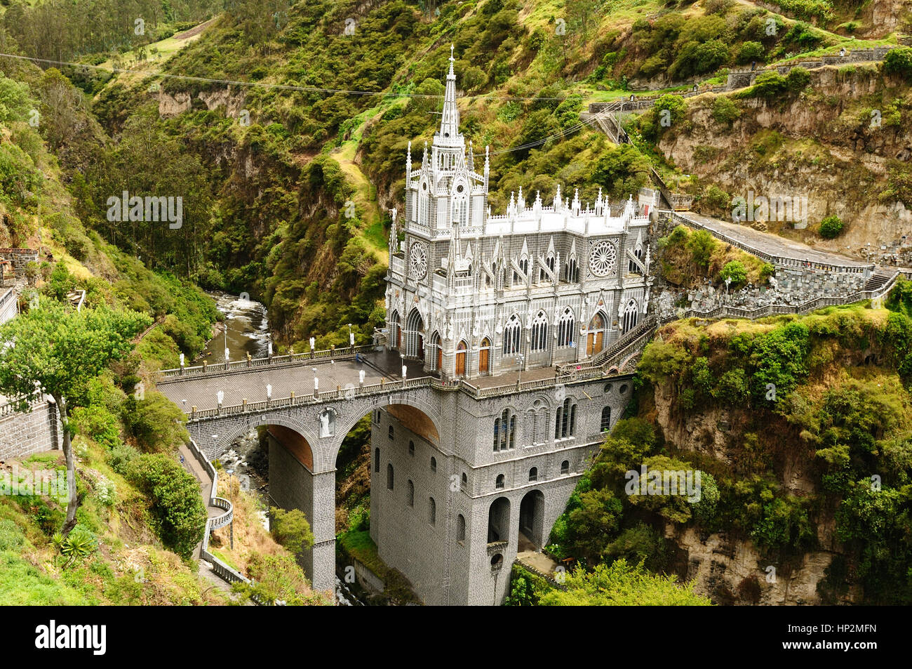 Colombia, church of Las Lajas  built between 1916 and 1948 is a popular destination for religious believers from all part of Latin America, topographi Stock Photo