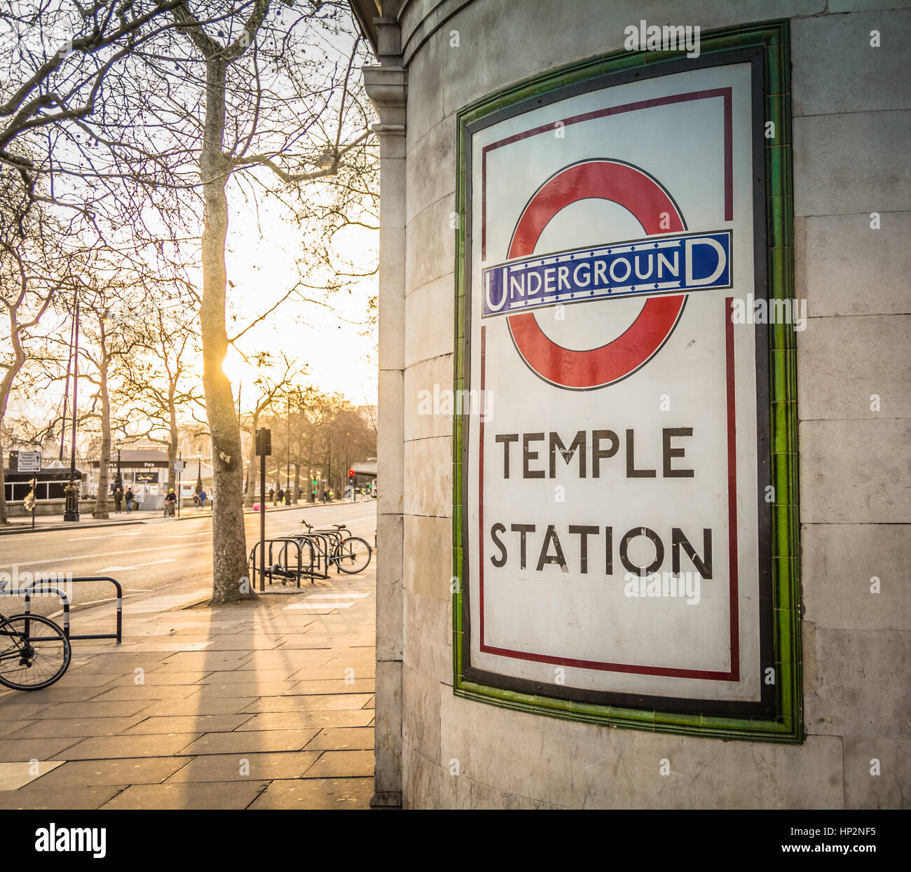 Temple Station underground sign and roundel on the Embankment, London, UK Stock Photo