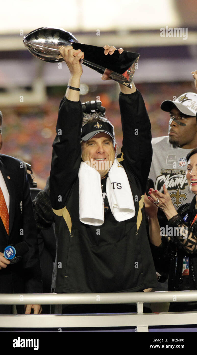 New Orleans Saints head coach Sean Payton holds the Vince Lombardi Trophy at the Super Bowl in Miami, Florida on February 7, 2010. Photo by Francis Specker Stock Photo