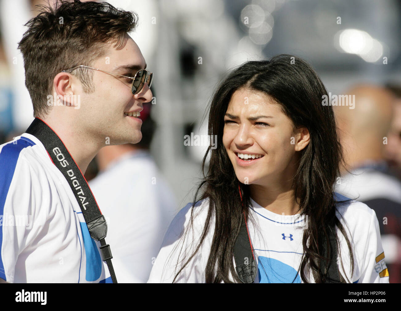 Ed Westwick and Jessica Szohr at the Directv Celebrity Beach Bowl in Miami Beach, Florida on February 6, 2010. Francis Specker Stock Photo