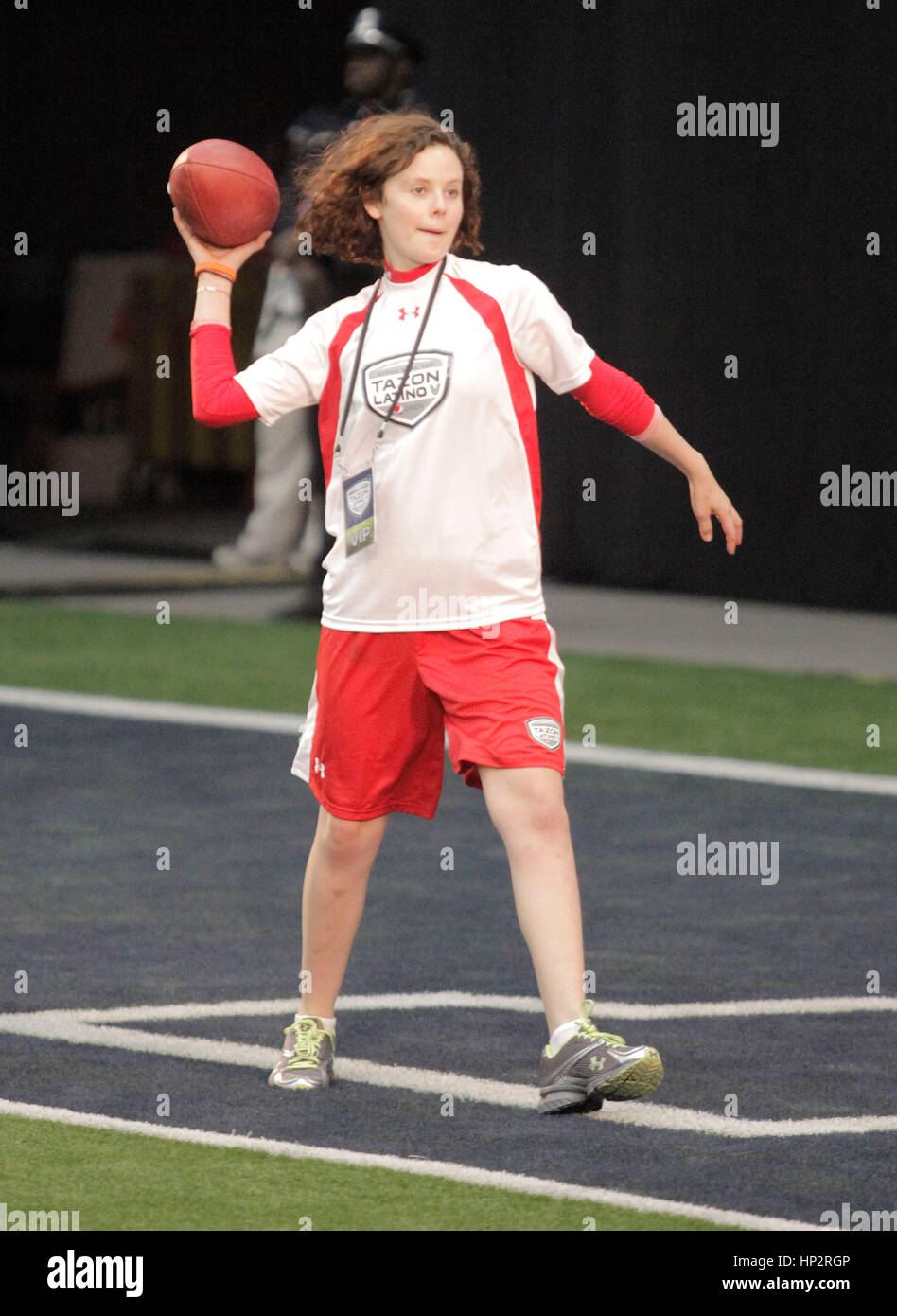 Sarah Ramos practices passing at the Tazon Latino V flag football game at Super Bowl NFL Experience at the Dallas Convention Center on February 2, 2011 in Dallas, Texas. Photo by Francis Specker Stock Photo