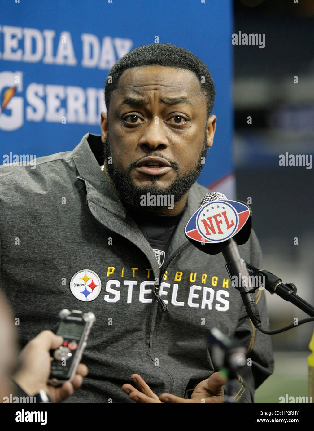 NO FILM, NO VIDEO, NO TV, NO DOCUMENTARY - Steeler's coach Mike Tomlin  receives the Gatorade bath as time runs out as the Pittsburgh Steelers beat  the Arizona Cardinals 27-23 in Super