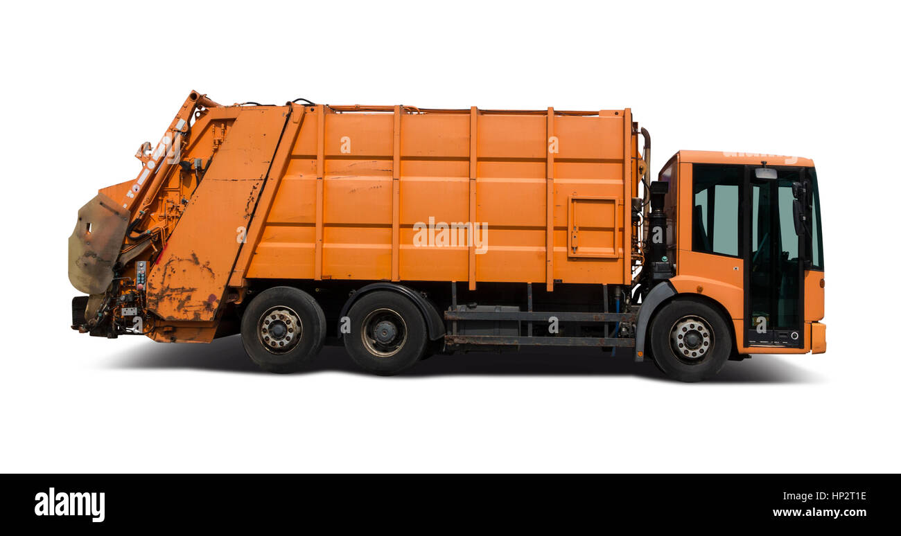 Garbage truck side view isolated on white background Stock Photo