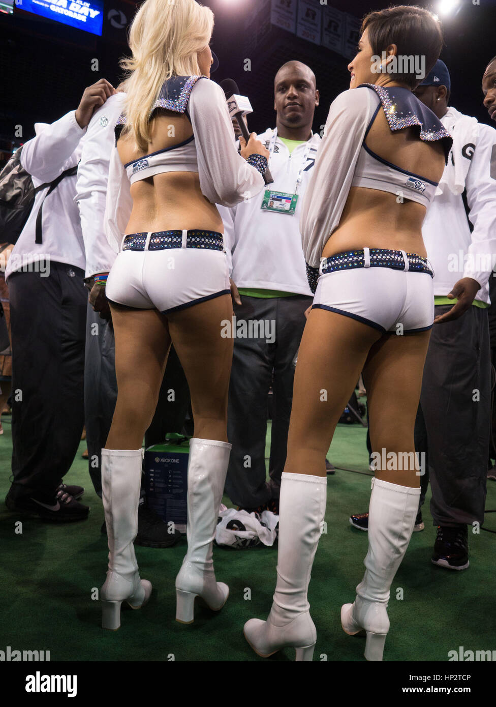 Seattle Seahawks cheerleaders interview the Seahawks players on Super Bowl Media Day on January 27, 2015 in Phoenix, Arizona. Photo by Francis Specker Stock Photo