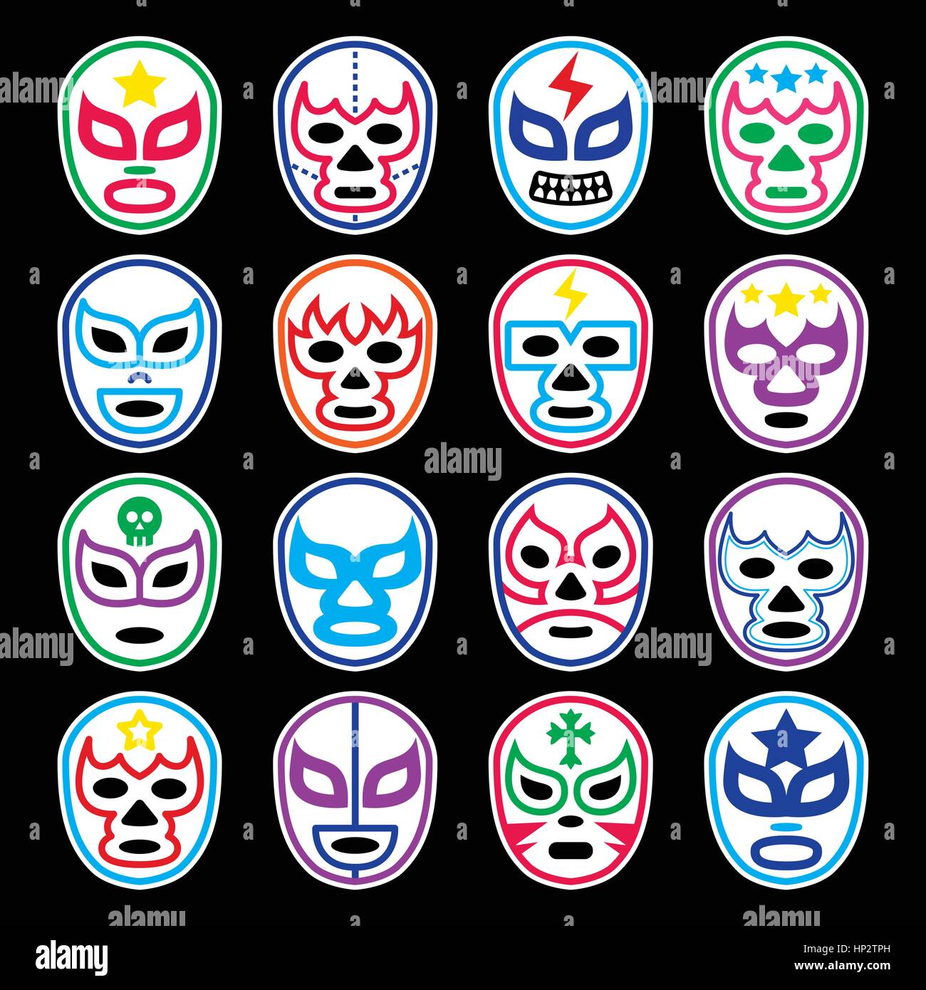 Lucha Libre Mexican wrestling masks icons on black. Vector icons set of masks worn during wrestling fights in Mexico isolated on black Stock Vector