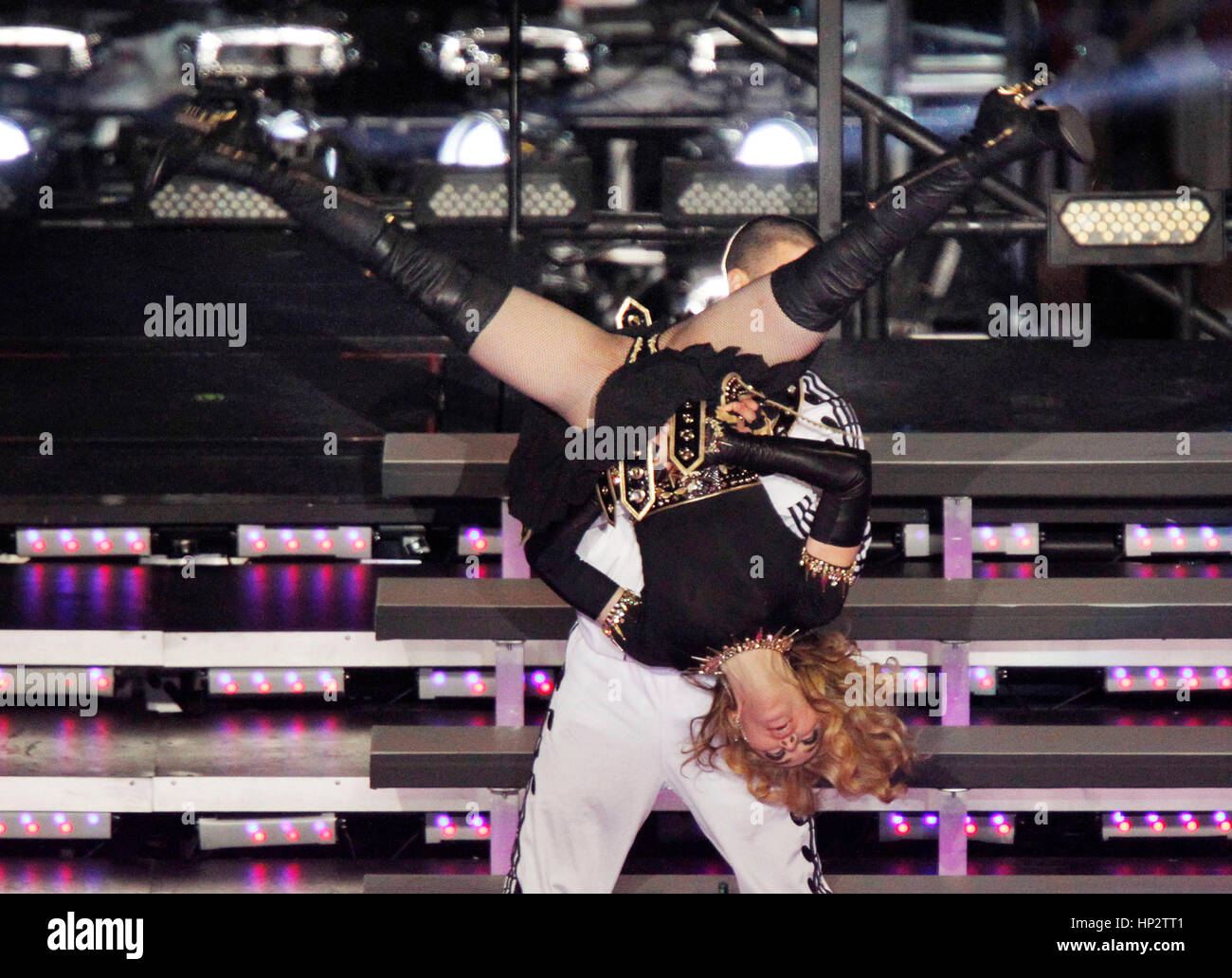 Madonna performs at the half-time show during Super Bowl XLVI in Indianapolis, Indiana on February 5, 2012 Photo by Francis Specker Stock Photo
