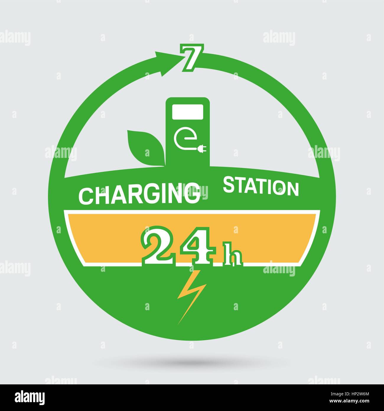 Auto charging station emblem. Round the clock charging station icon. Design can be used as a logo, a poster, advertising, singboard. Vector element of Stock Vector
