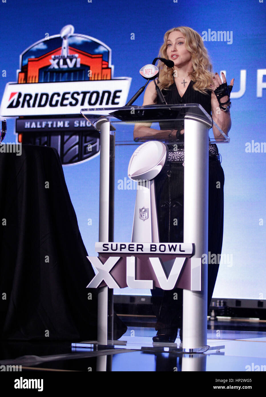 Singer Madonna speaks to the media during a press conference for the Super Bowl XLVI half time show in Indianapolis, Indiana on February 2, 2012. Photo by Francis Specker Stock Photo