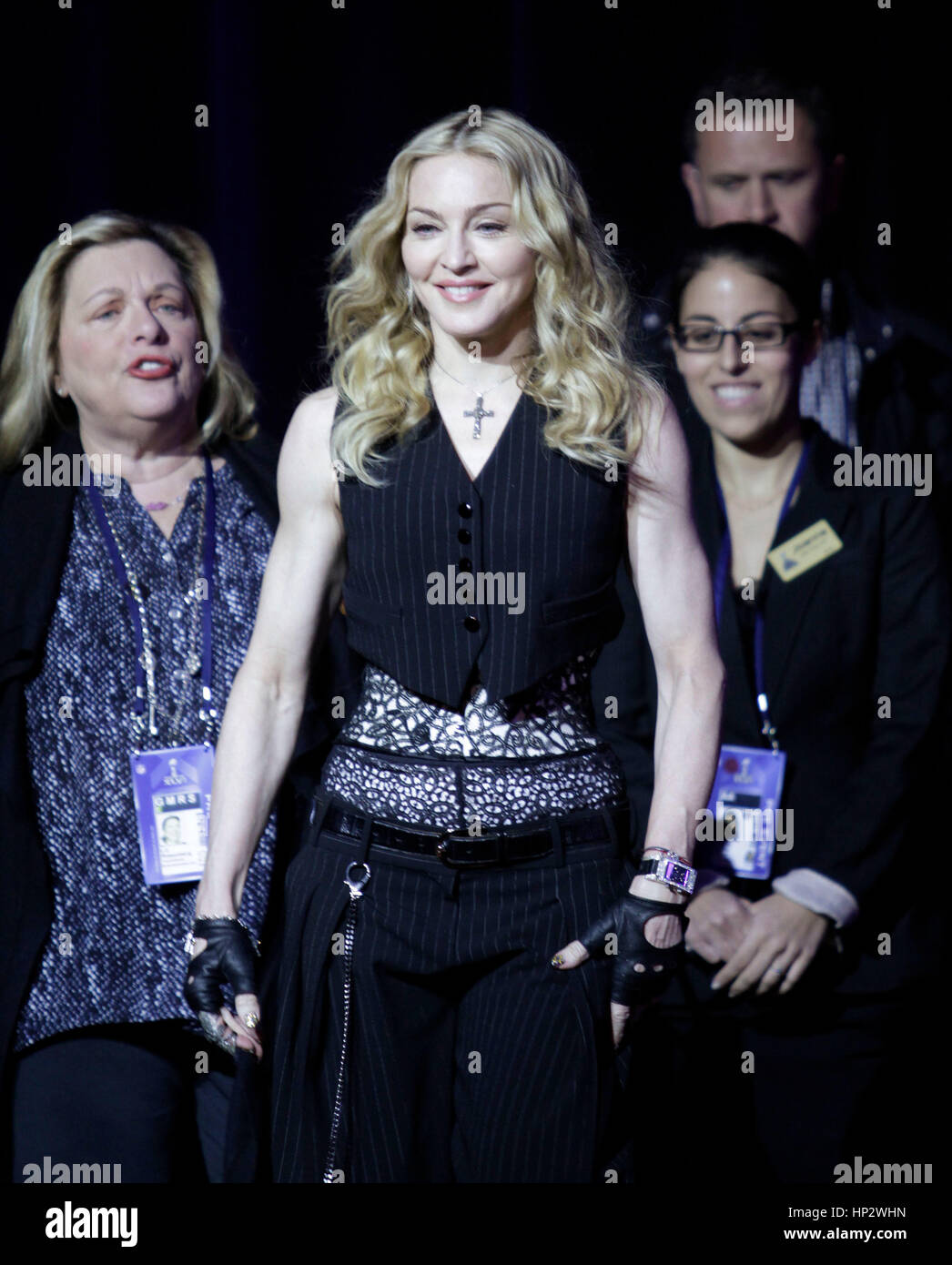 Singer Madonna  arrives at a press conference for the Super Bowl XLVI half time show in Indianapolis, Indiana on February 2, 2012. Photo by Francis Specker Stock Photo
