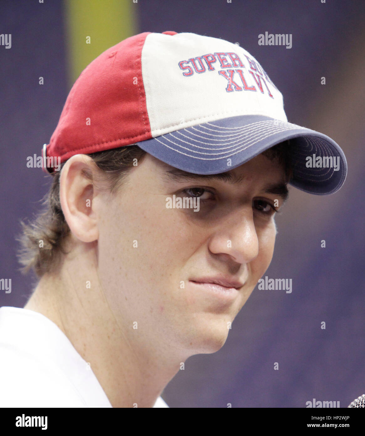 New York Giants quarterback Eli Manning speaks to the media at the Super Bowl XLVI Media Day in Indianapolis, Indiana on January 31, 2012. Francis Specker Stock Photo