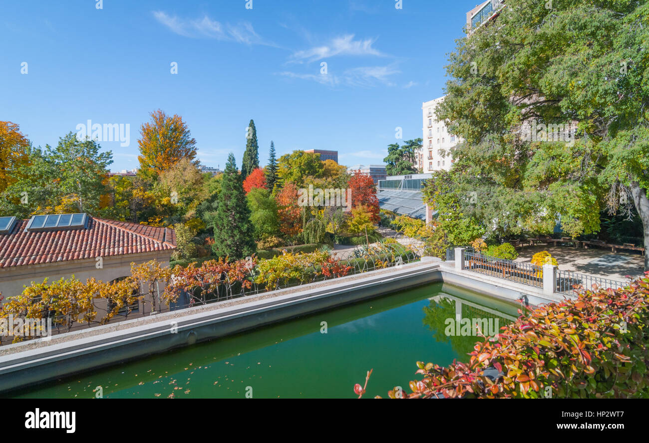 Bright sun shines on algae green water in storage reservoir.   Beautiful trees & gardens it supplies in full color.  Urban park setting in Madrid. Stock Photo