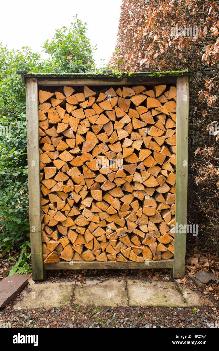 firewood - kiln-dried seasoned split hardwood logs for wood burning stove wood burner neatly stacked in small uk garden wood store Stock Photo