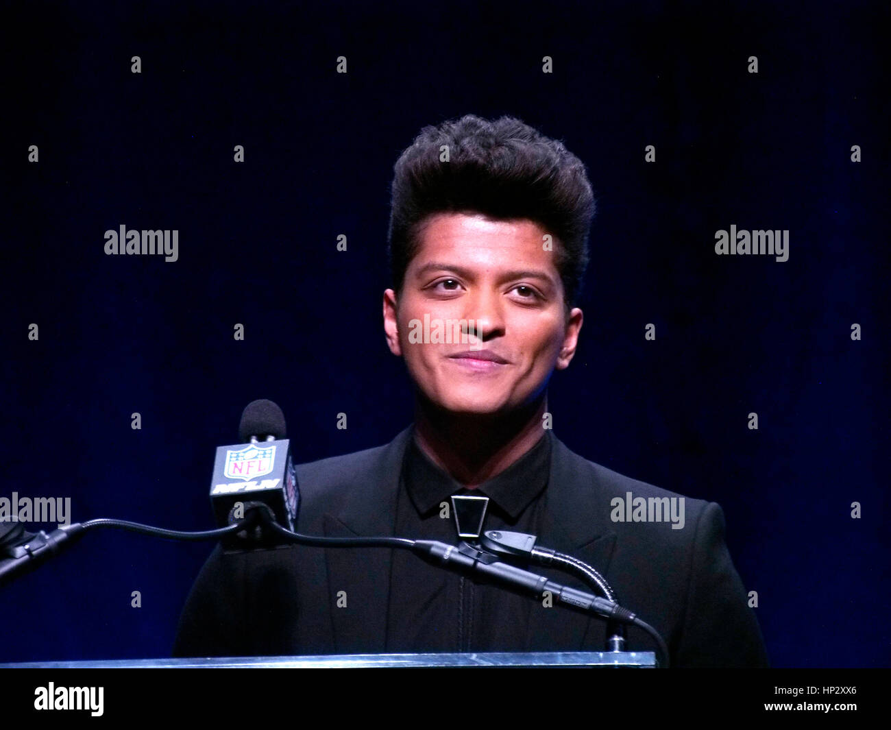 Singer Bruno Mars talks at the press conference for the Super Bowl Halftime Show on January 30