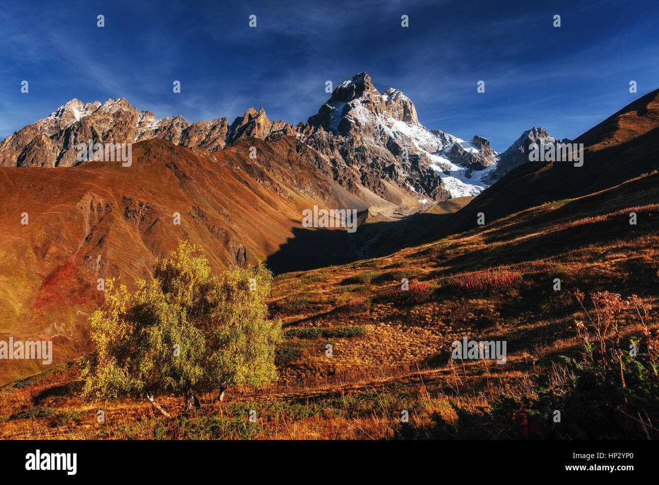 Autumn landscape and snowy peaks in the sun Stock Photo - Alamy