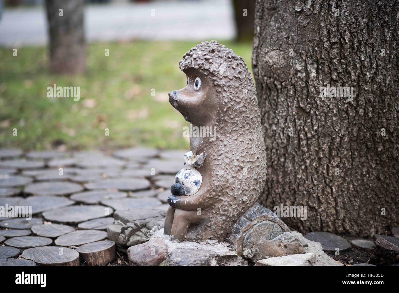 Sculpture hedgehog in the fog Krasnodar Park Urban garden Stock Photo