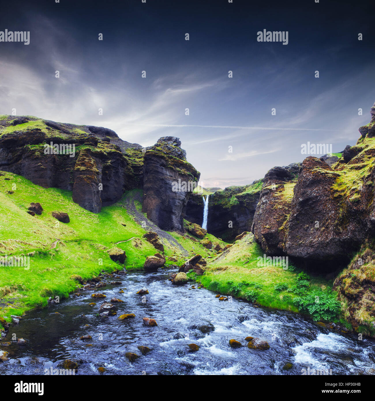 Fantastic landscape of mountains and waterfalls in Iceland Stock Photo