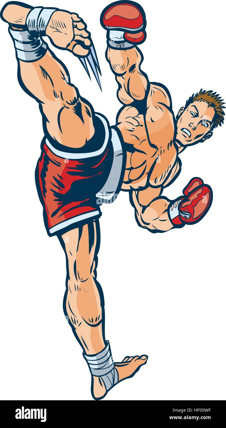 Vector cartoon clip art illustration of a kickboxer executing a high side kick toward the viewer. Stock Vector