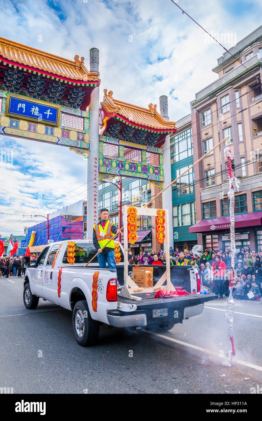 Firecrackers, Chinese New Year Parade, Vancouver, British Columbia, Canada Stock Photo