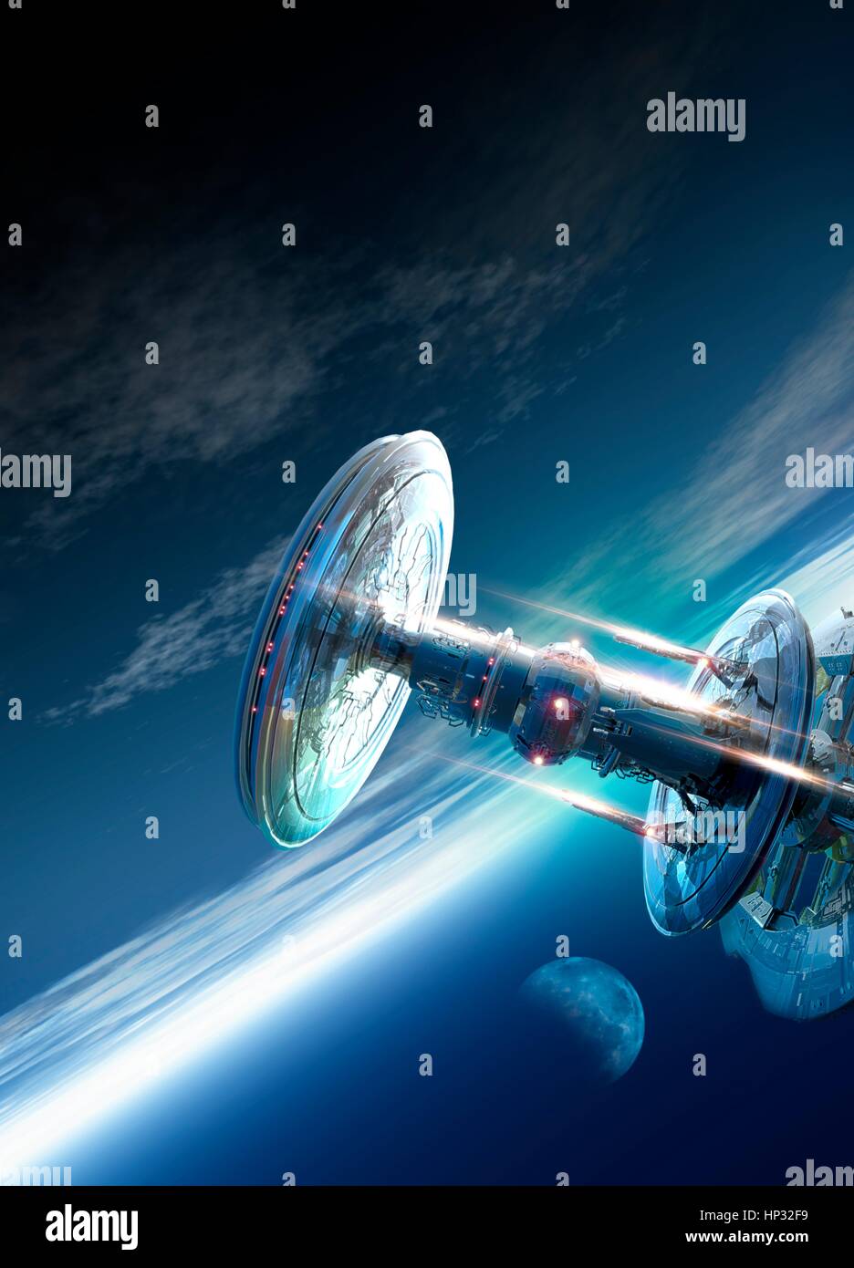 Space craft with planets in background, illustration. Stock Photo